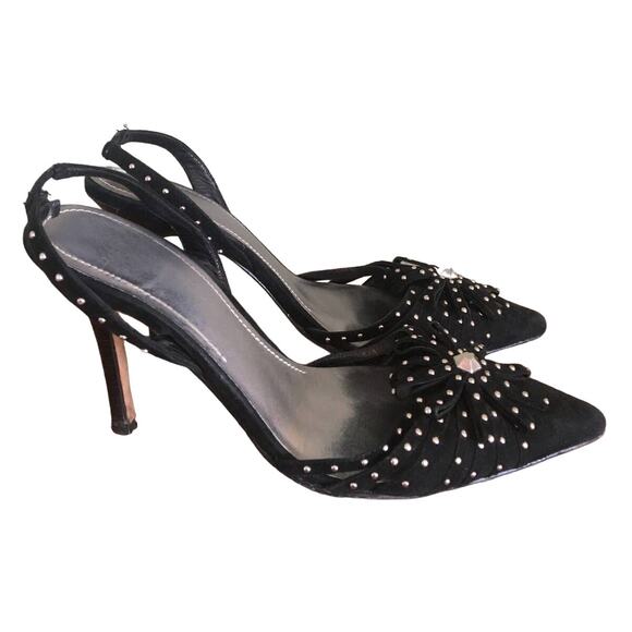 Joey O, Black Suede Leather Size 8 1/2 M, 4" High Stiletto Heels Silver Studs - Picture 1 of 7